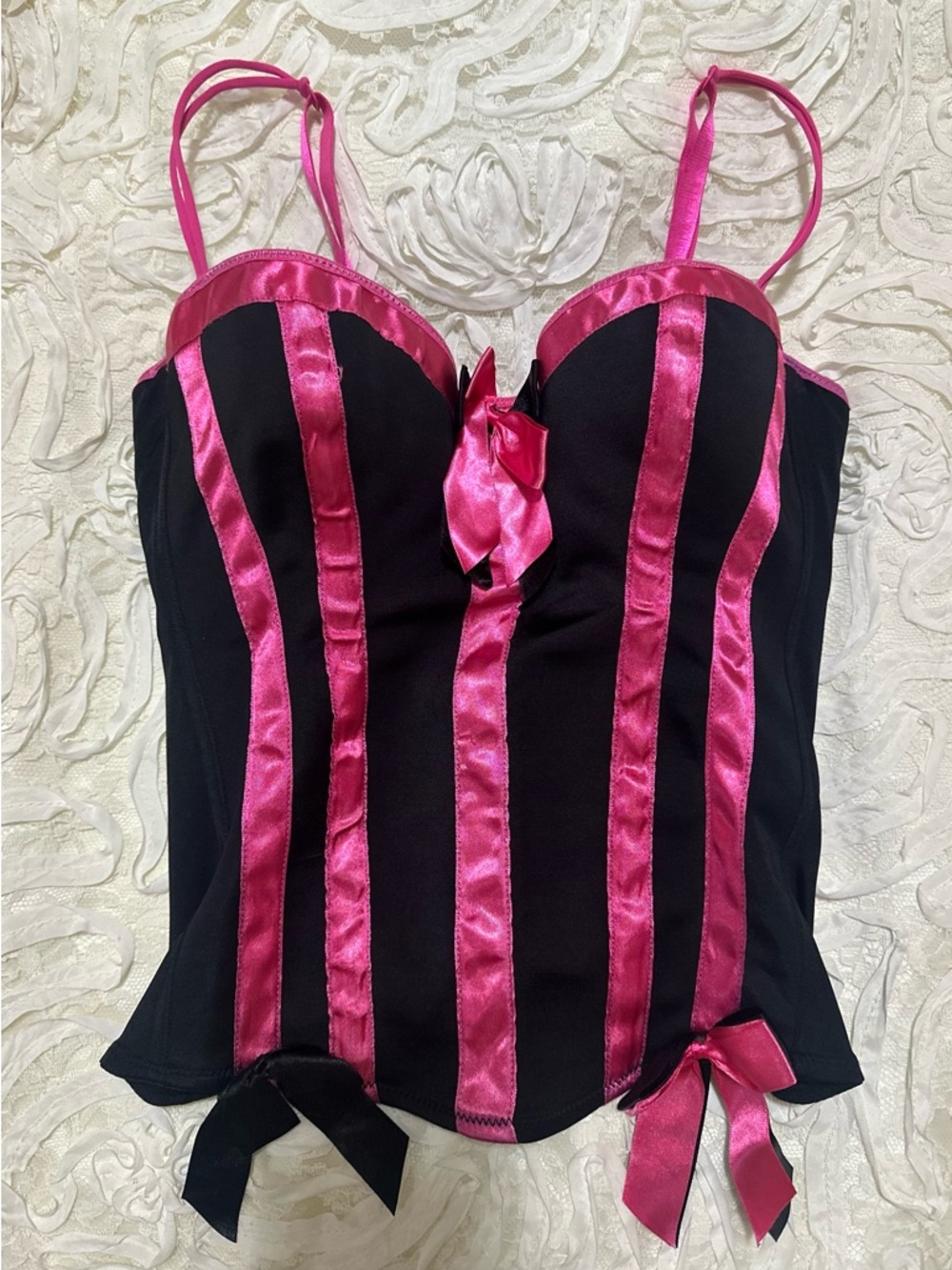 Vintage Morbid Threads Black Bustier with Hot Pink Satin Stripes